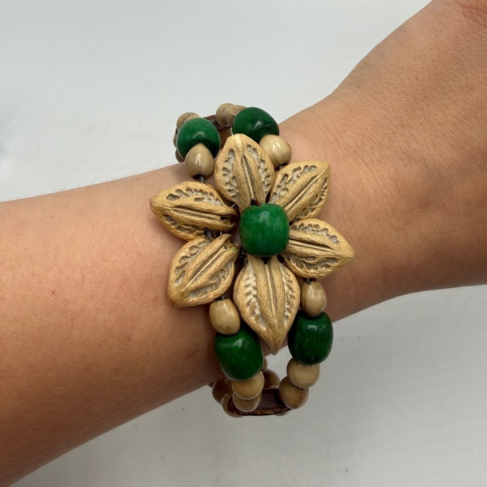 Handcrafted Natural Seed and Wood Bead Flower Cuff Bracelet Green Tan Boho